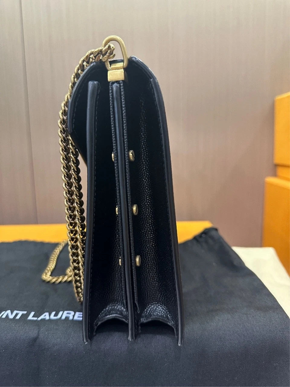 Saint Laurent Black Gold Leather Medium Envelope Chain Bag For Women