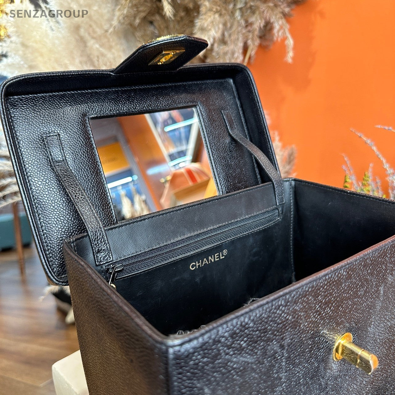 Chanel Vintage Vanity Case Top Handle Bag Black Gold Used Women Classic