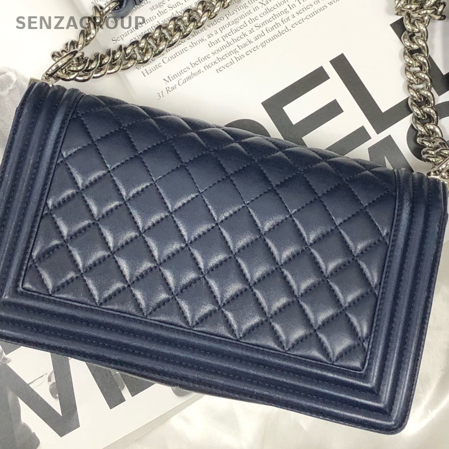 Chanel Lambskin Blue Silver Hardware Medium Boy Bag Chain Shoulder Crossbody