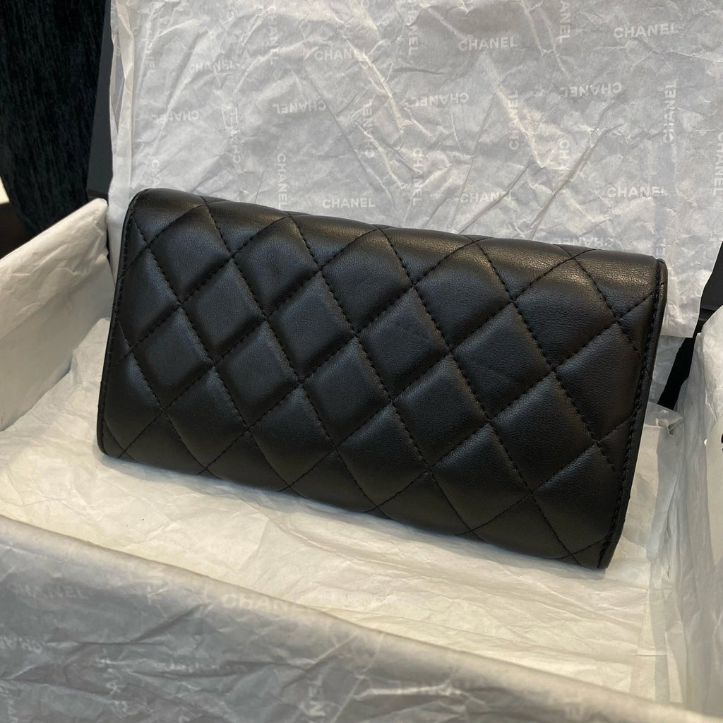 Chanel Classic Flap Lambskin Wallet Black Silver Used Women Diamond Classic