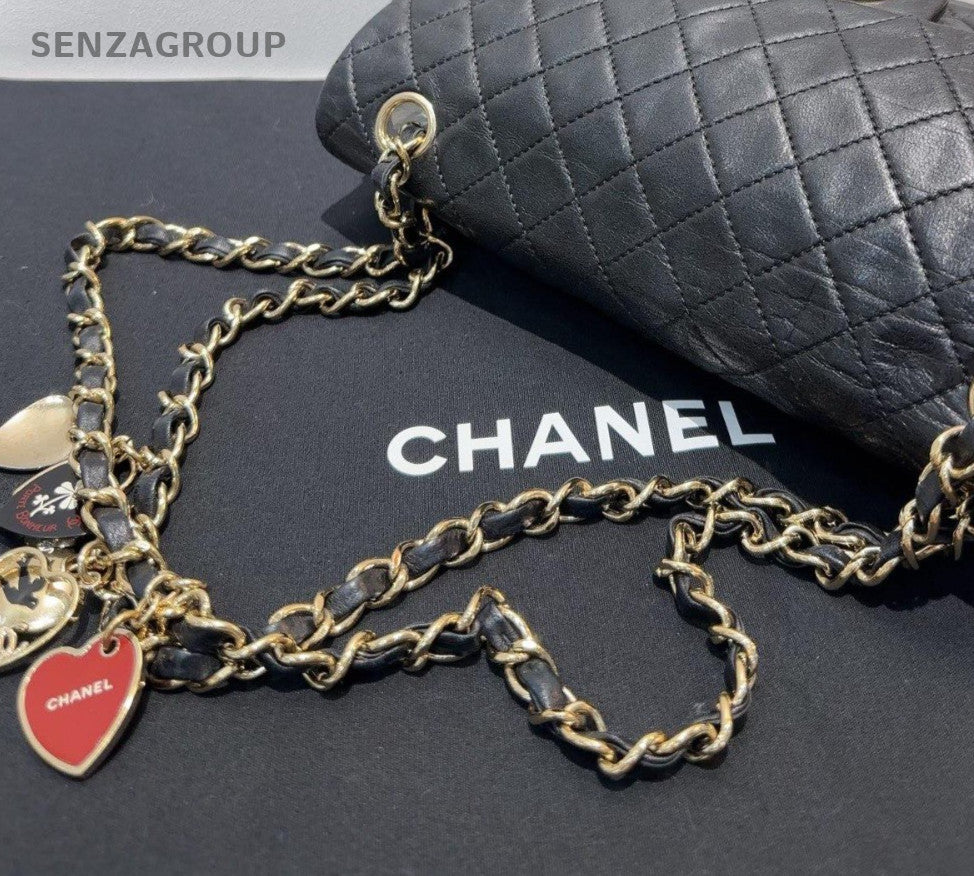 Chanel Classic Flap MM Lambkin Heart Chain Shoulder Bag Black Gold Women