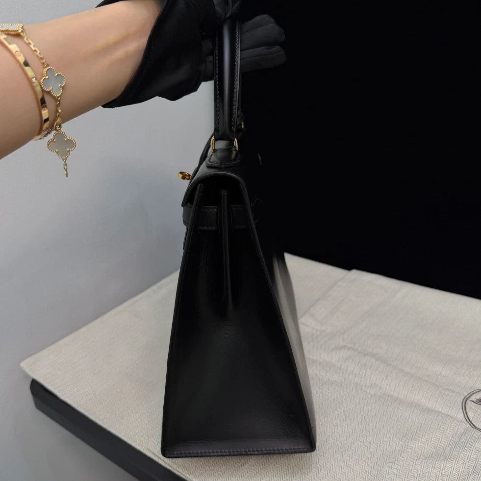 Authentic Hermes Kelly28 Box Tote Black Handbag Gold Hardware