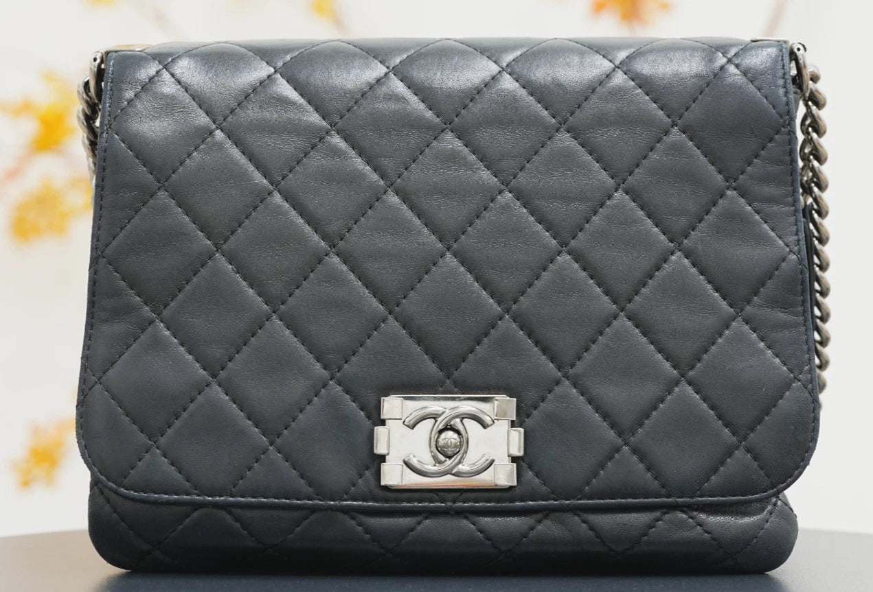 CHANEL Leboy Diamond pattern Chain Shoulder Bag Black Silver - Pre-Owned
