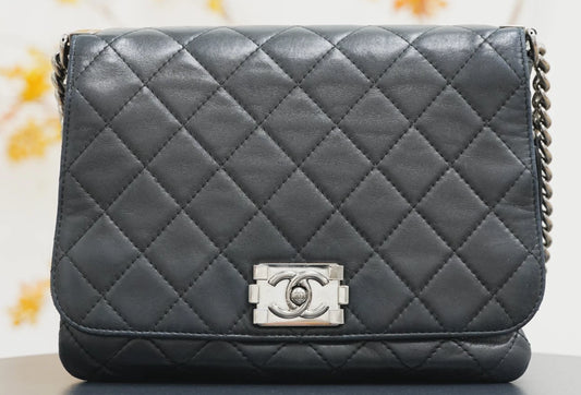 CHANEL Leboy Diamond pattern Chain Shoulder bag Black Silver Women