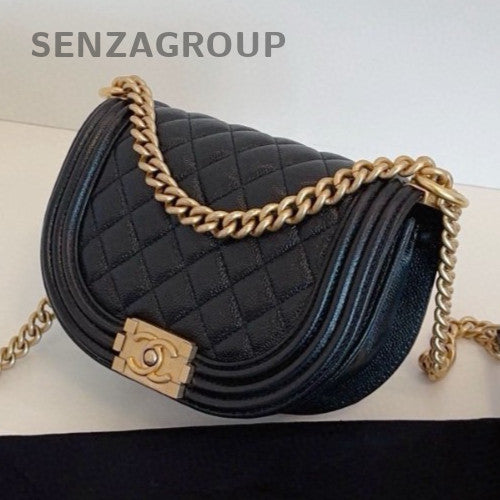 Chanel Leboy Saddle Calfskin Chain Shoulder Bag Crossbody Black Gold Women