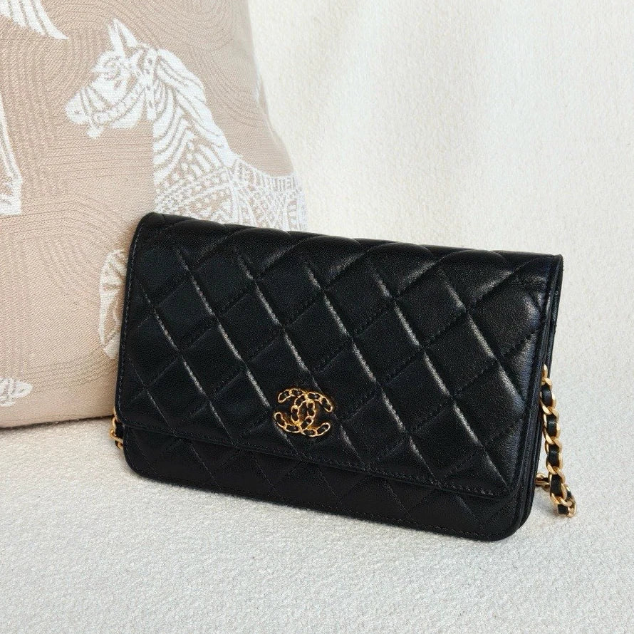 Chanel 19Bag WOC Lambskin Chain Shoulder Crossbody Black Gold Women Classic