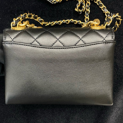Chanel 21A Black Gold Quilted Shoulder Bag with Pearl Chain