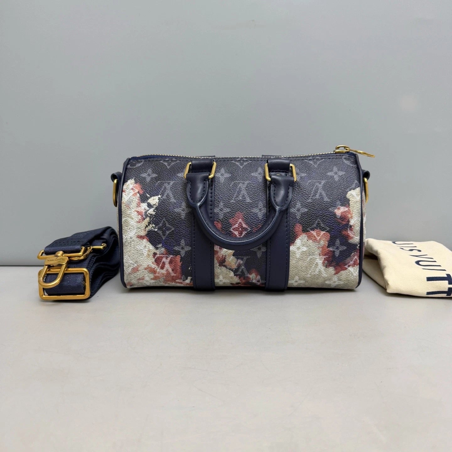 Louis Vuitton Keepall 25 Blue Gold 2Way Crossbody Top Handle Bag Women Classic