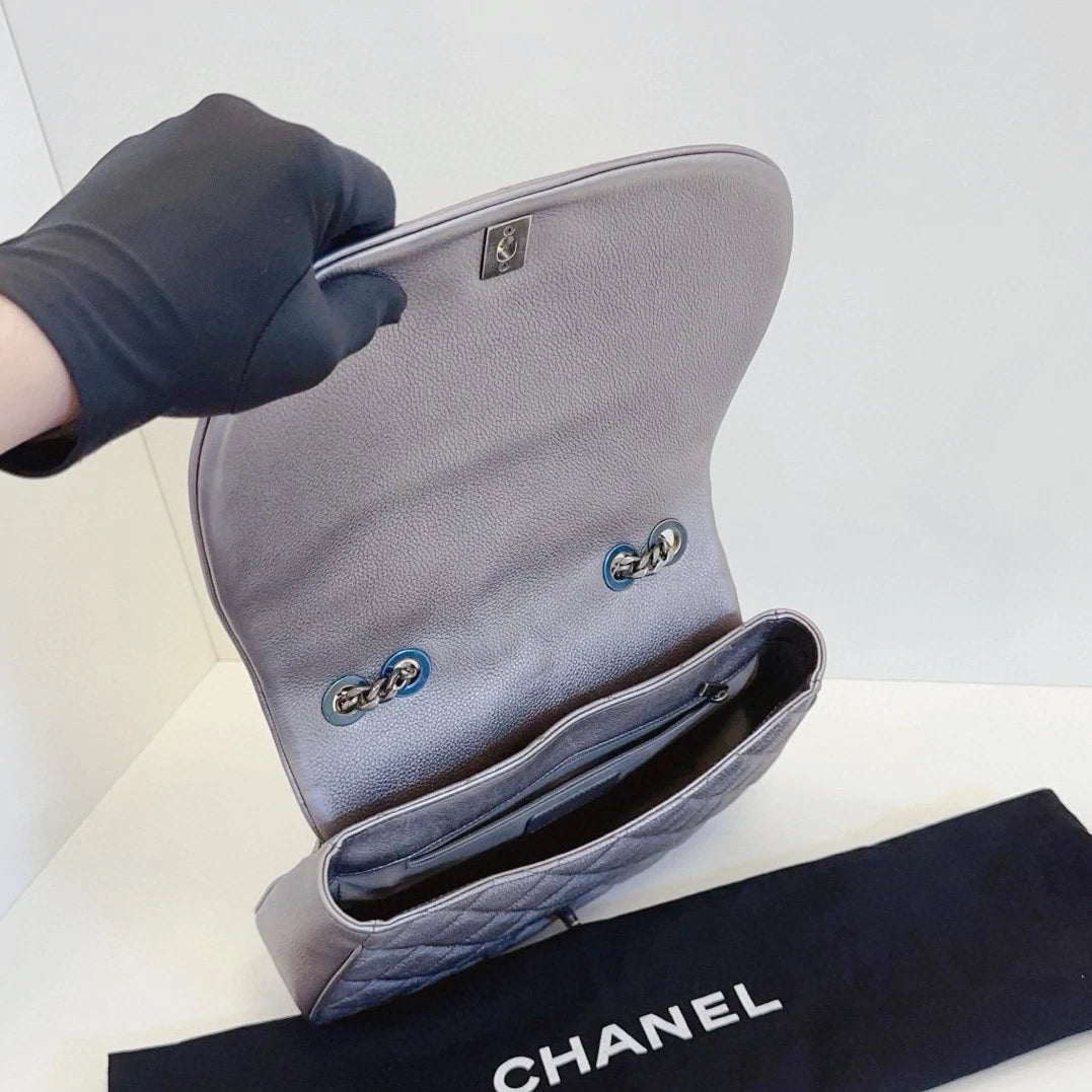 Chanel Diamond Saddle Chain Shoulder Crossbody Silver Women Classic