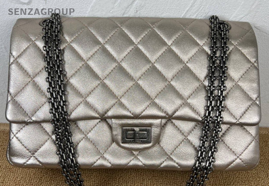 Chanel 2.55 Chain Shoulder Bag Crossbody Champagne Silver Women Classic