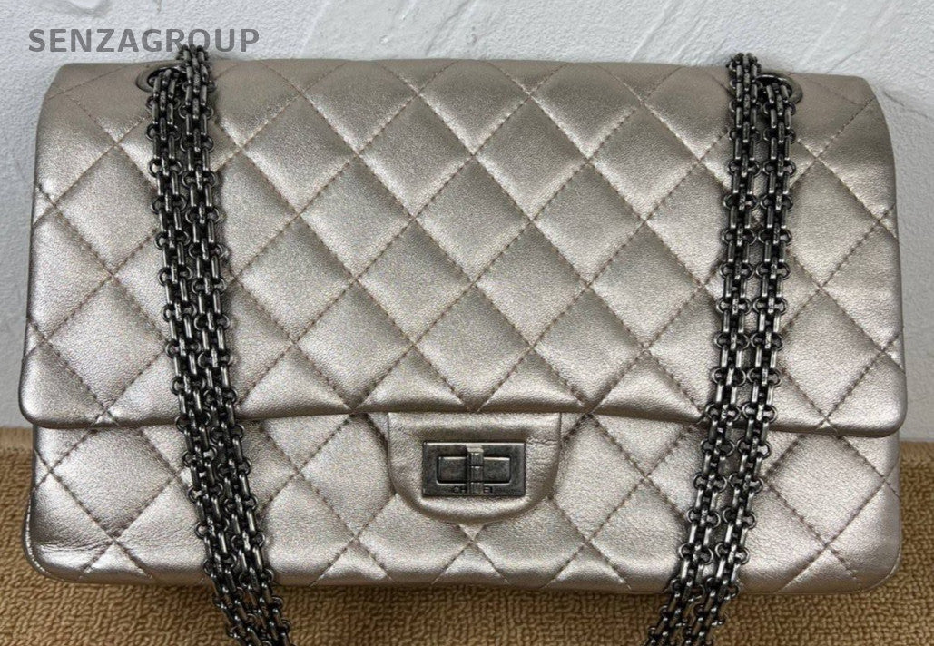 Chanel 2.55 Chain Shoulder Bag Crossbody Champagne Silver Women Classic