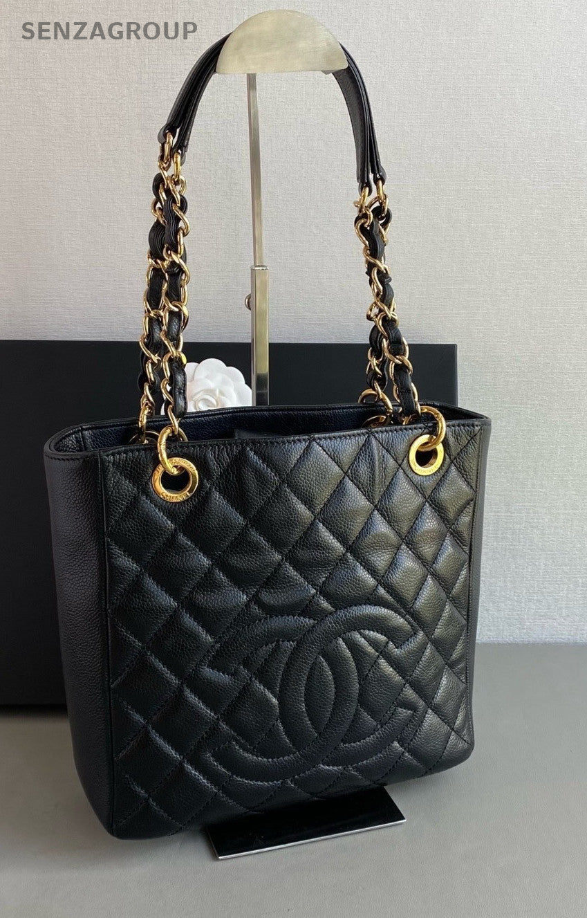 CHANEL PST Calfskin CC Chain Shoulder Handbag Women Black Gold