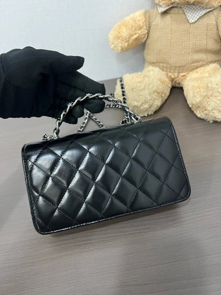 CHANEL 23K Black Silver Rhinestone Handle Accordion WOC Bag For Women
