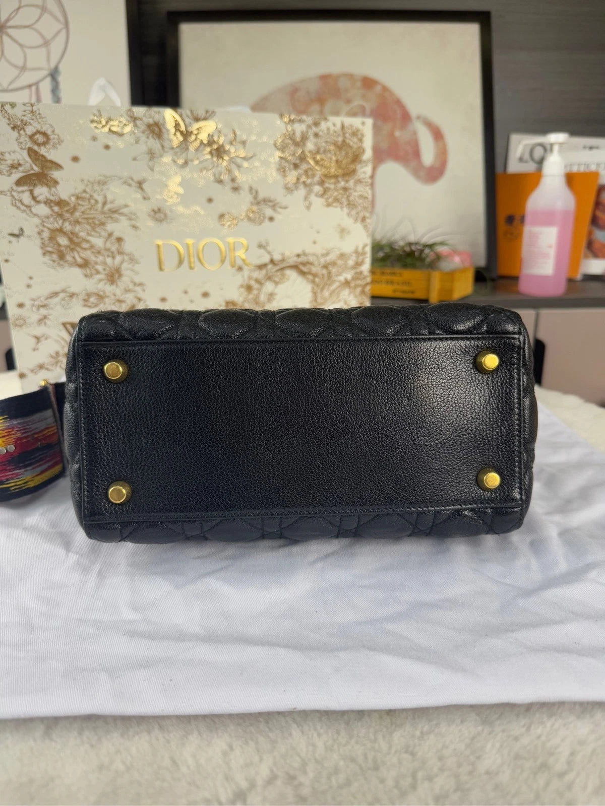 Dior Black Gold Waxed Leather 5-Grid Lady Dior Bag For Women