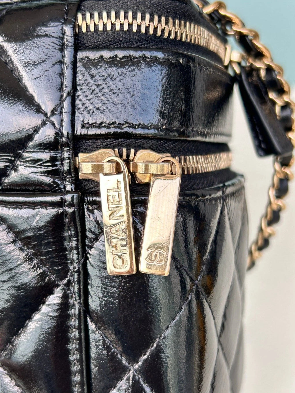 Chanel Diamond Calfskin Chain Top Handle Crossbody Black Gold Women Classic
