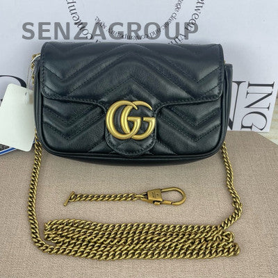 Gucci Marmont Mini Chain Shoulder Crossbody Bag Black Gold Hardware