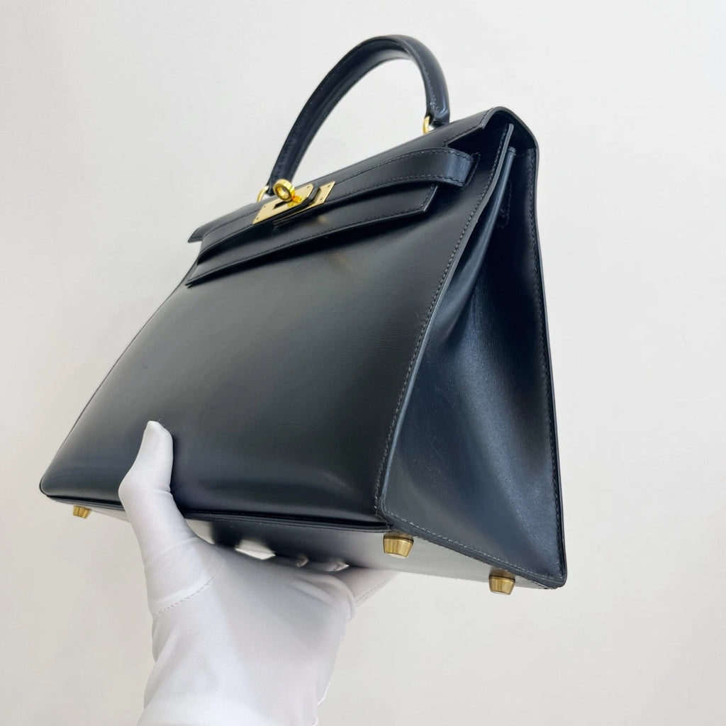 Hermes Kelly28 Top Handle Bag Shoulder Bag Black Gold Used Women Classic