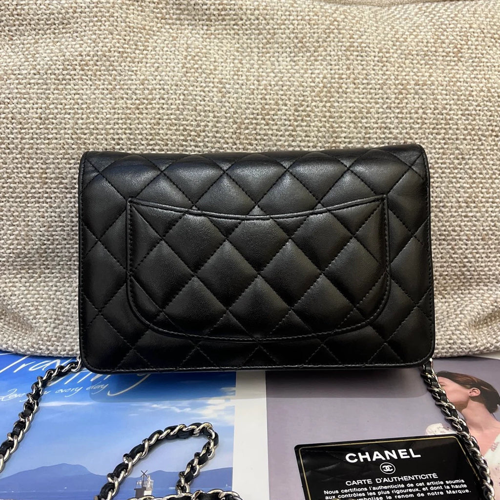 Chanel WOC Lambskin Chain Shoulder Bag Crossbody Diamond Black Silver Women