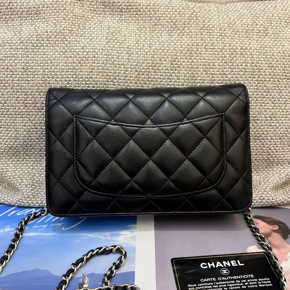 Chanel WOC Lambskin Chain Shoulder Bag Crossbody Diamond Black Silver Women