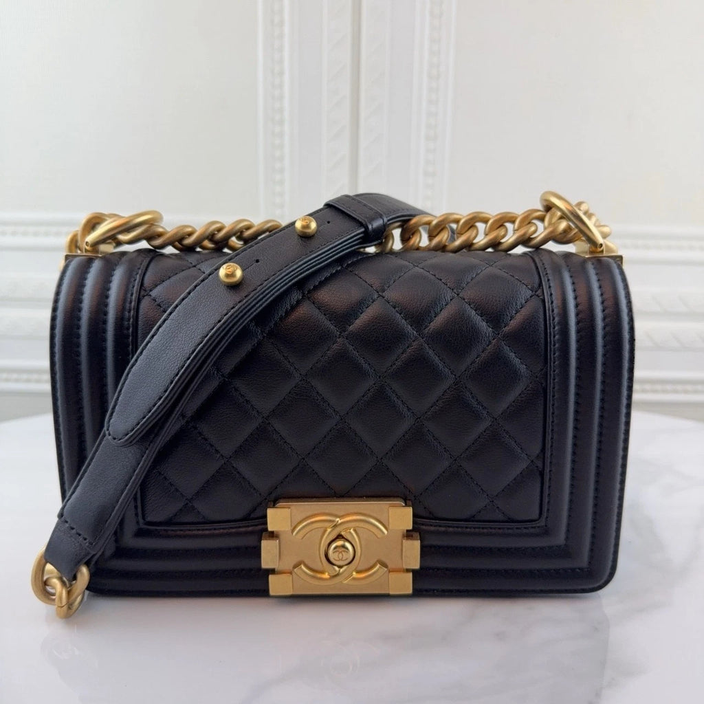 CHANEL LeBoy Small Black Leather Gold Hardware Shoulder Bag Women