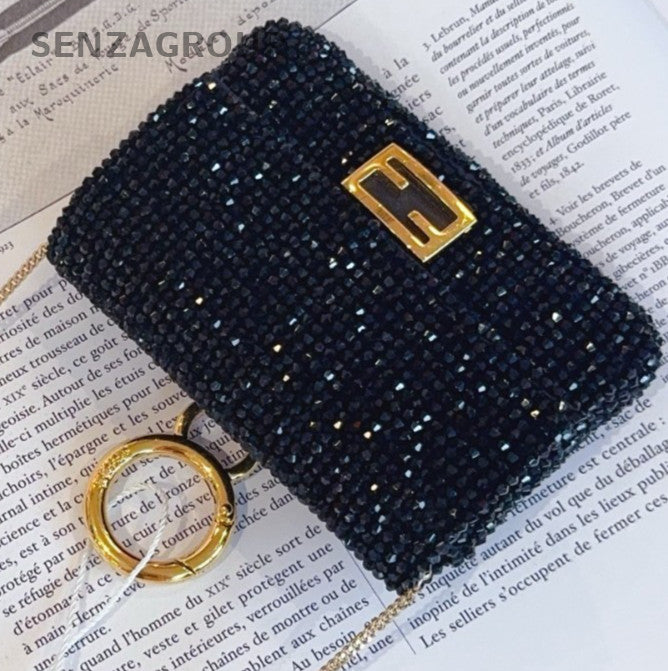 Fendi nano baguette Black beaded string Purse Chain Shoulder bag Crossbody