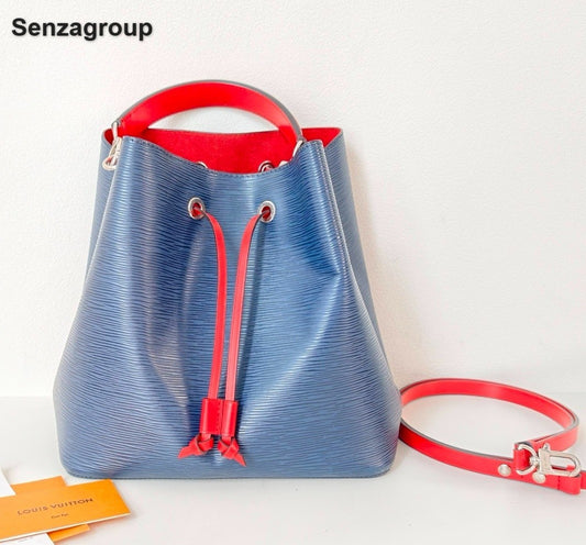 Louis Vuitton Epi Calfskin Bucket Top Handle Shoulder Bag Blue Silver Women