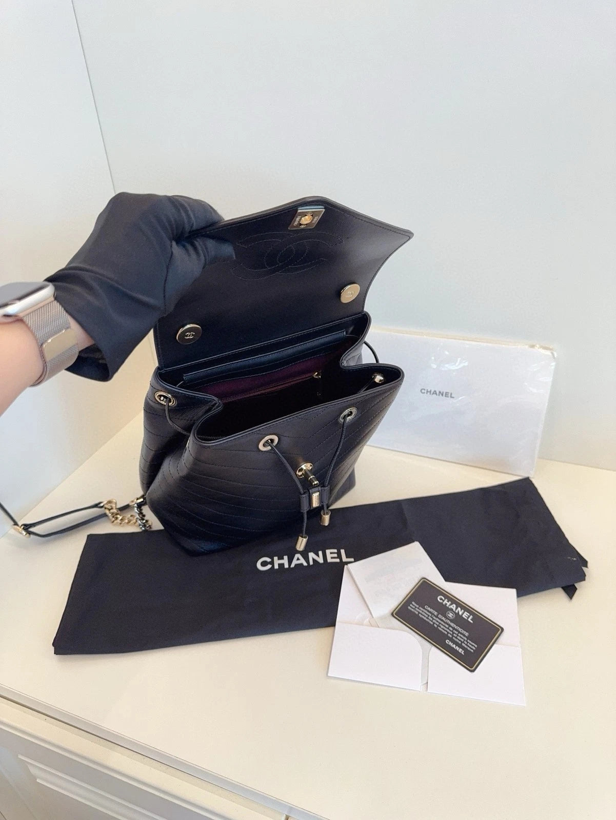 CHANEL Black Gold Calfskin V Pattern Backpack For Women