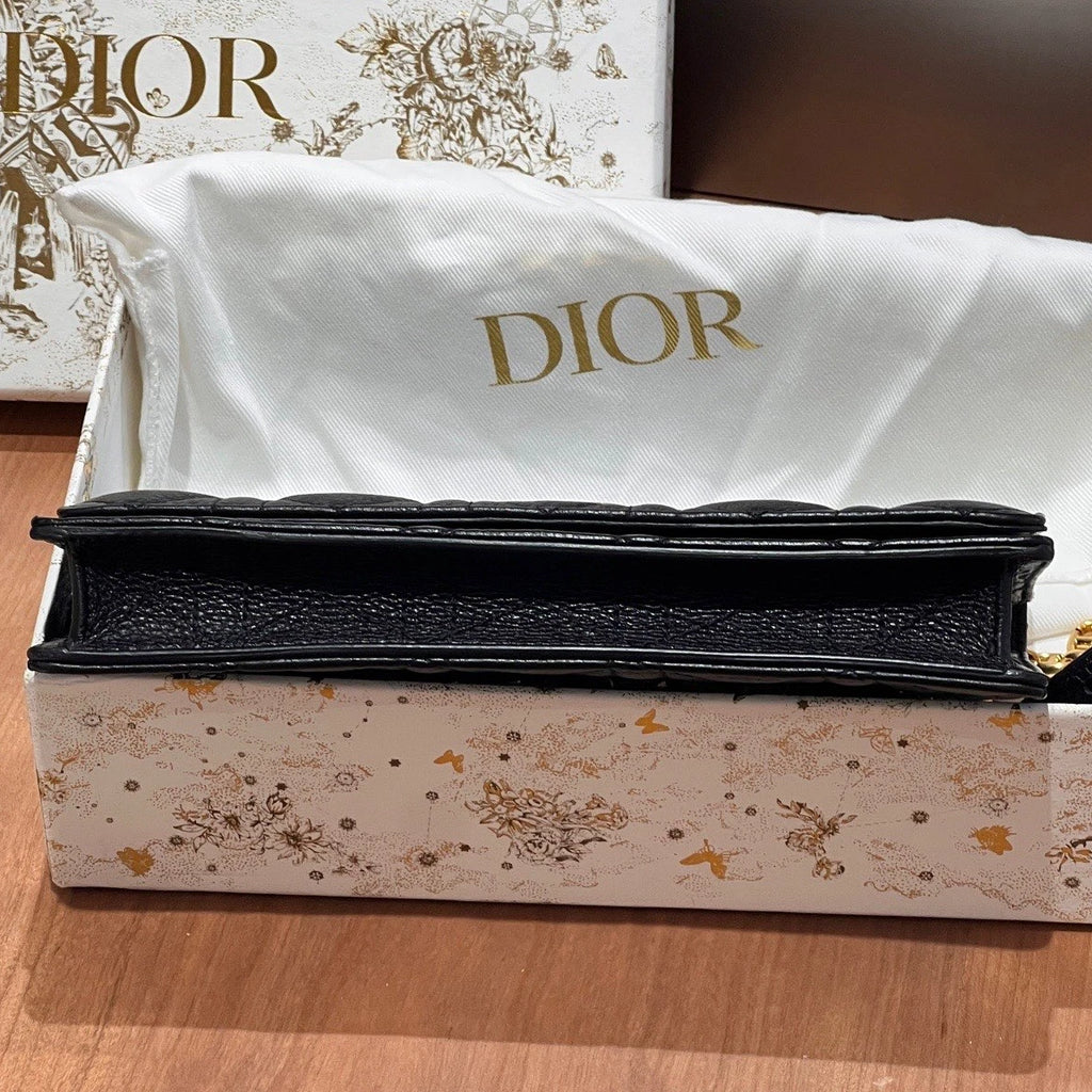 Excellent Christian Dior Caro Calfskin Long Black Wallet Chain Shoulder Bag GHW