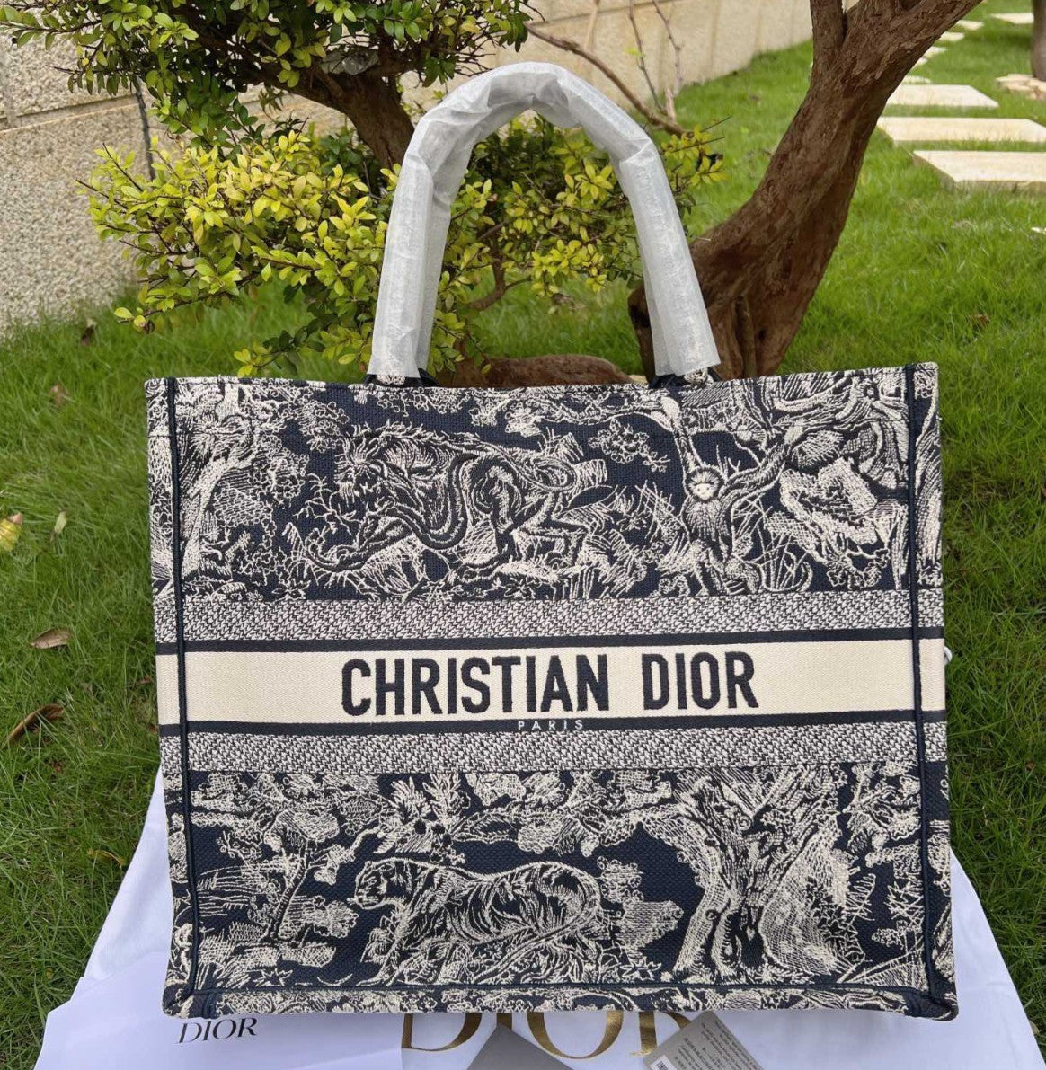Christian Dior Book Tote GM Top Handle Bag Blue White Used Women Classic