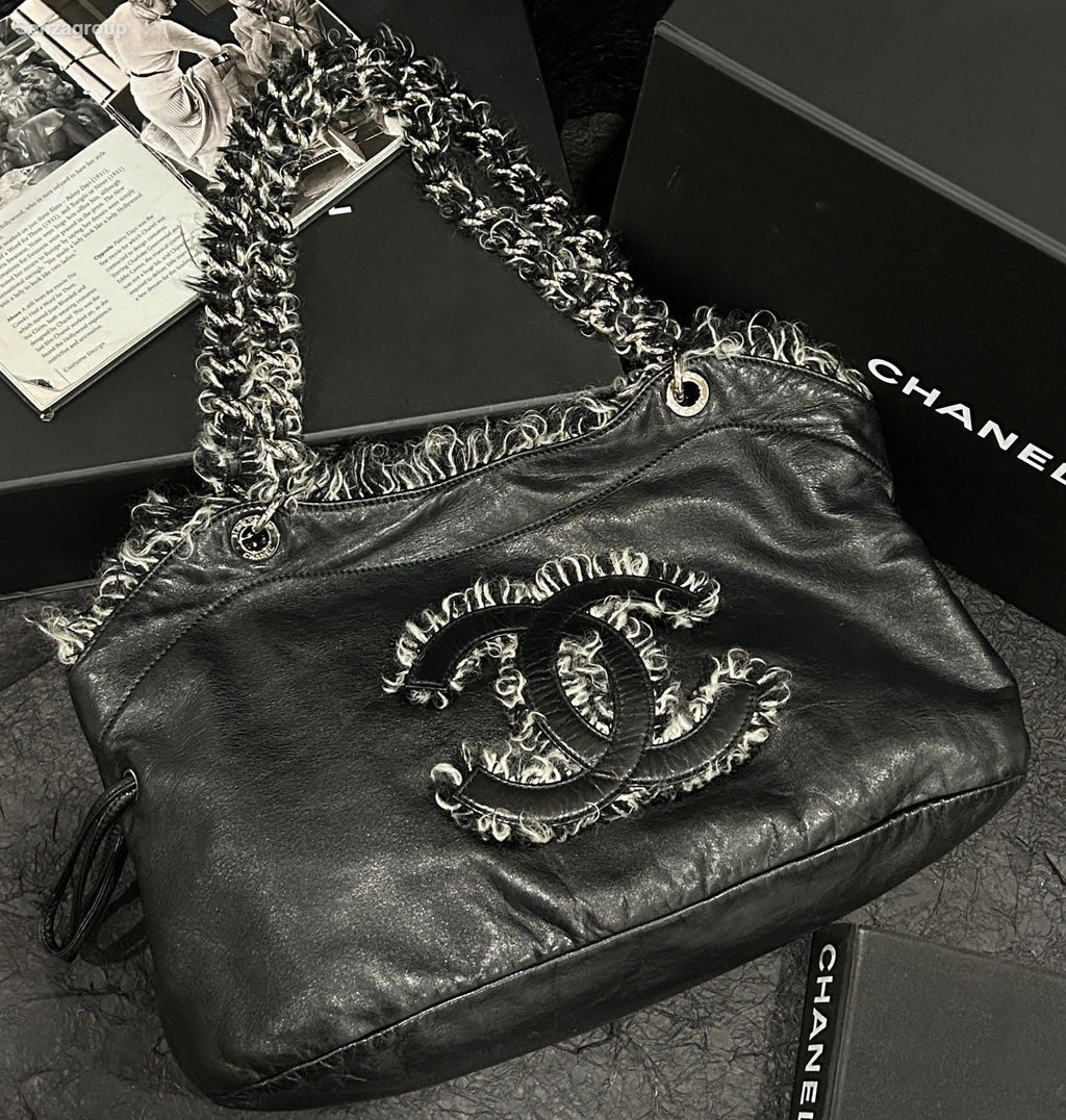 Chanel CC Logo Tassel Fringe Shoulder Bag Black Silver Used Women Classic