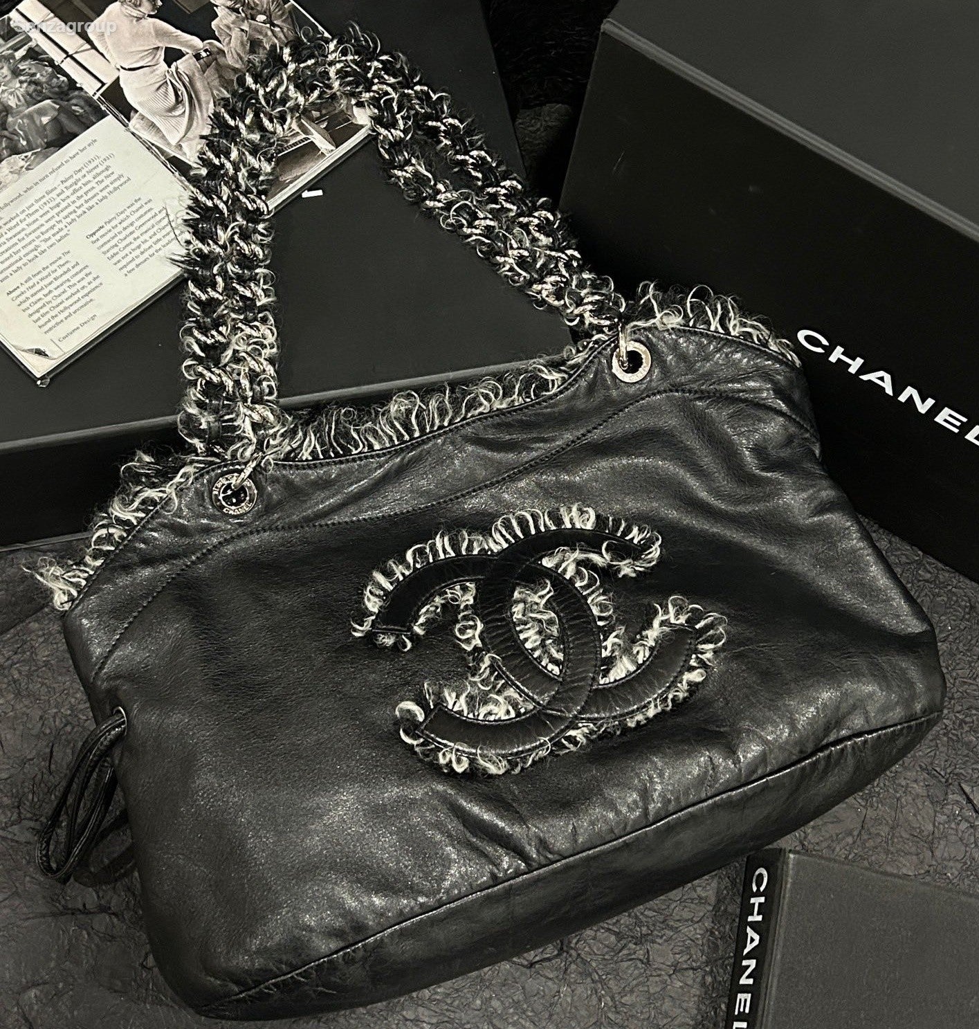 Chanel CC Logo Tassel Fringe Shoulder Bag Black Silver Used Women Classic