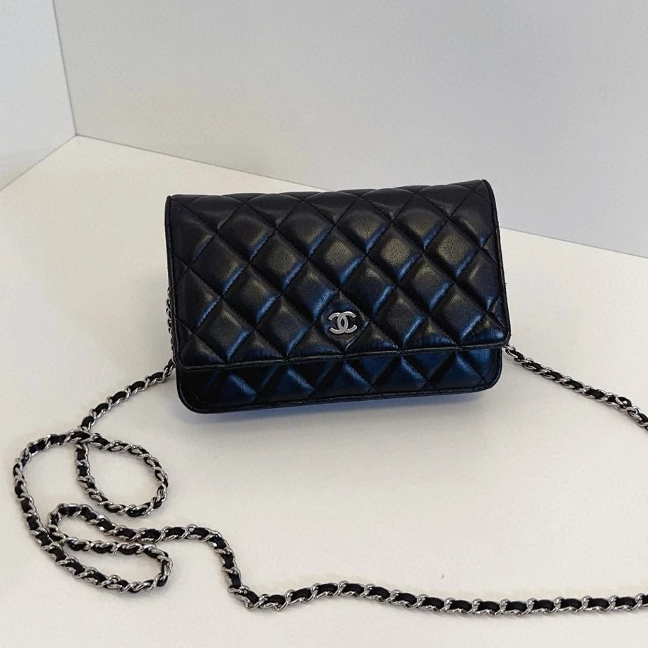 Chanel WOC Chain Lambskin Shoulder Crossbody Diamond Black Silver Women Classic