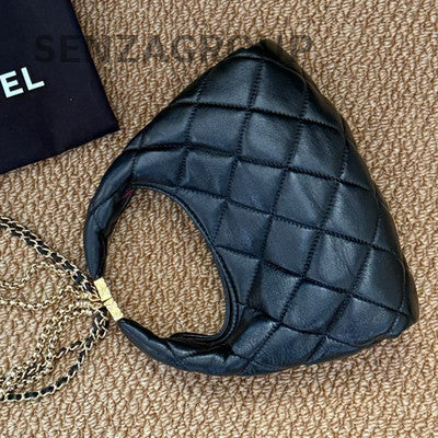 Chanel Quilted Black Gold Fringe Chain Hobo Shoulder Crossbody Bag