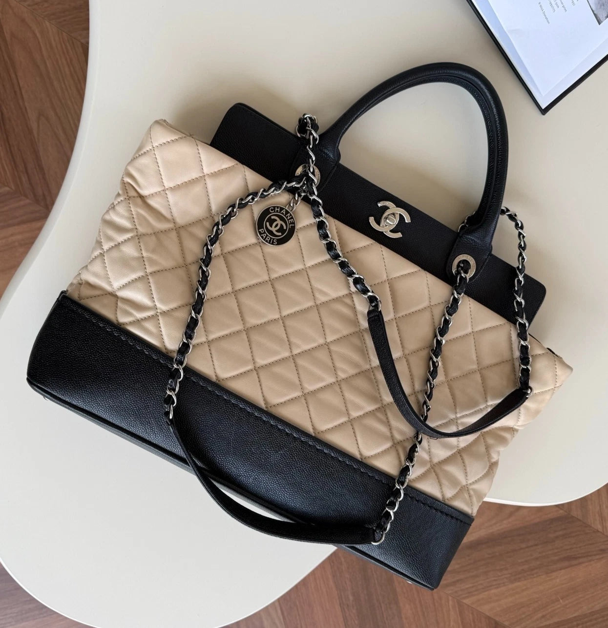 Chanel Diamond Tote Chain Top Handle Shoulder Bag Beige Black Silver Women