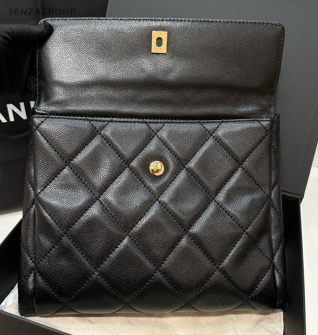 Chanel Satchel Chain Diamond Shoulder Bag Black Gold Women Classic Fashion
