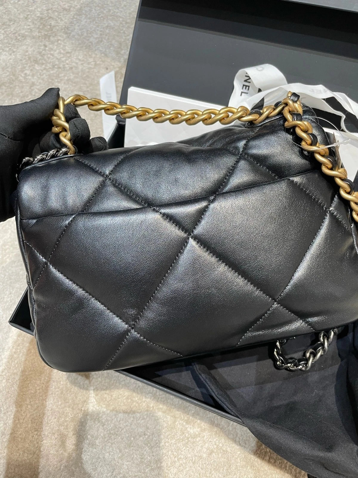 CHANEL 19 Black Gold Small Lambskin Shoulder Bag For Women