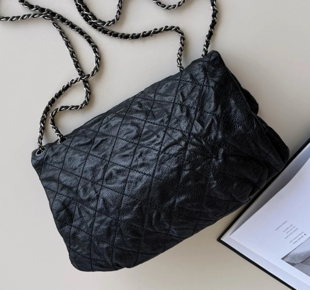 Chanel Classic Flap Chain Diamond Shoulder Bag Crossbody Black Silver Women