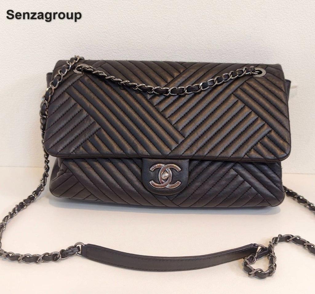 Chanel Classic Flap Chain MM Lambskin Shoulder Bag Crossbody Black Silver Women