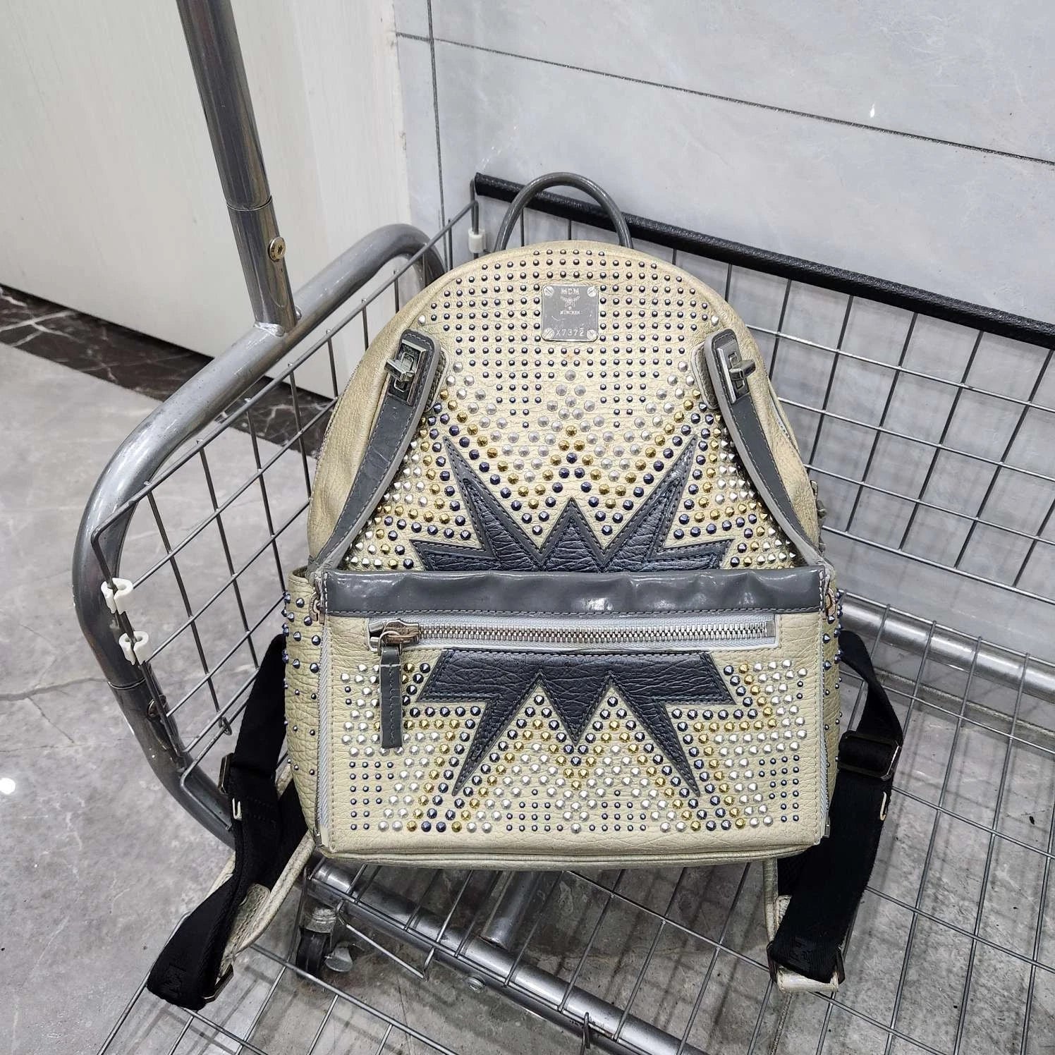 MCM Shiny Silver Studded Small Backpack For Women