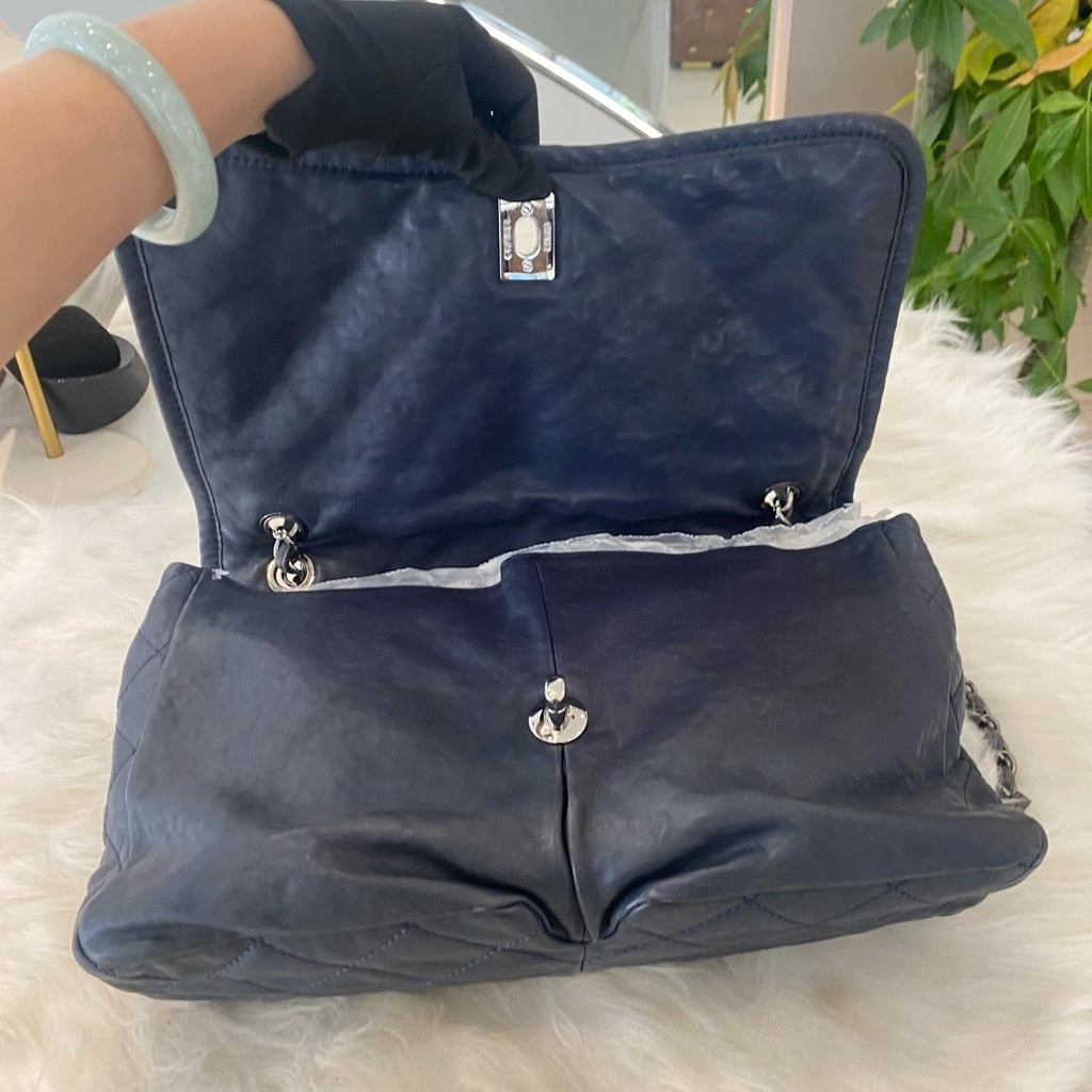Chanel Quilted Chain Shoulder Bag Blue Silver Classic Women's