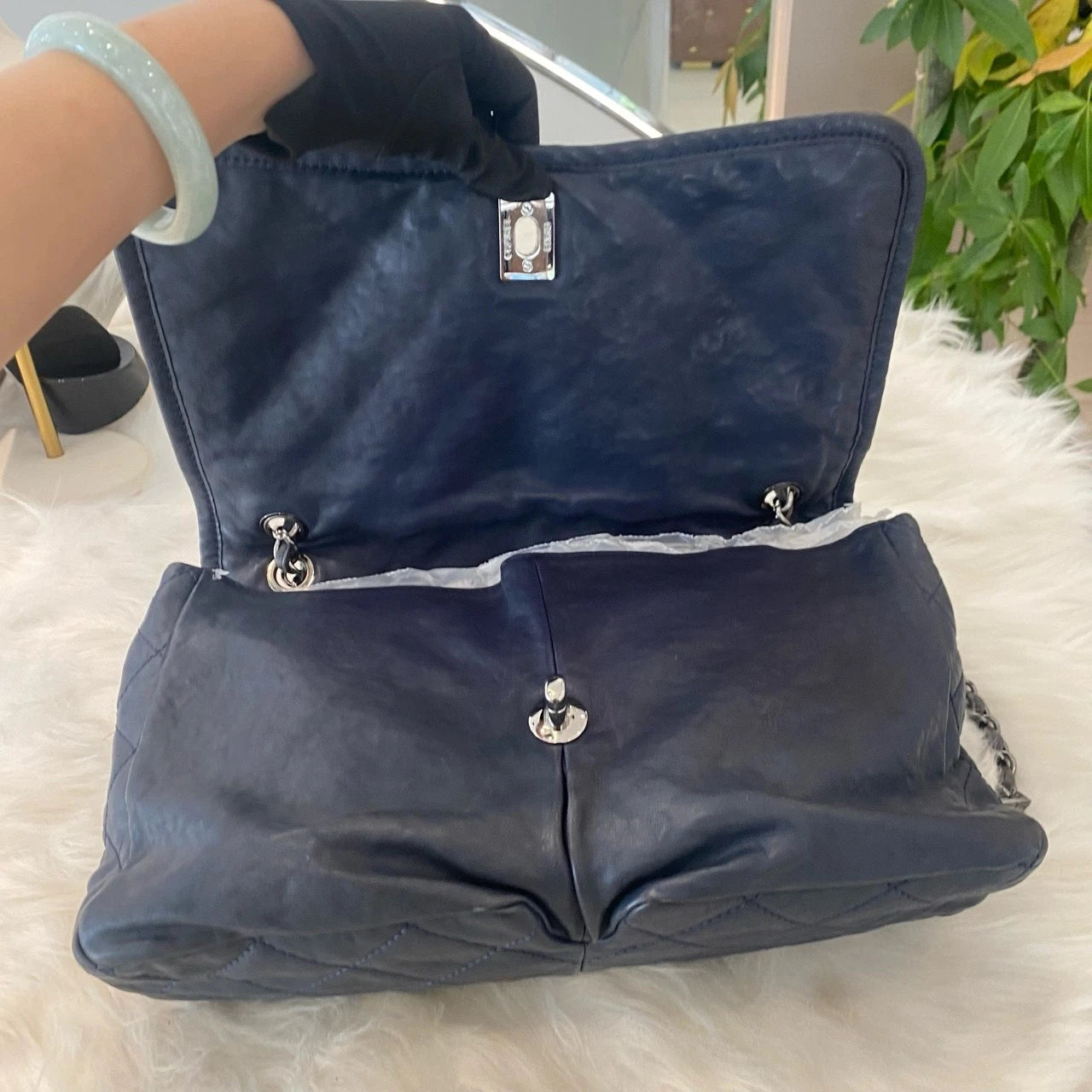 Chanel Quilted Chain Shoulder Bag Blue Silver Classic Women's
