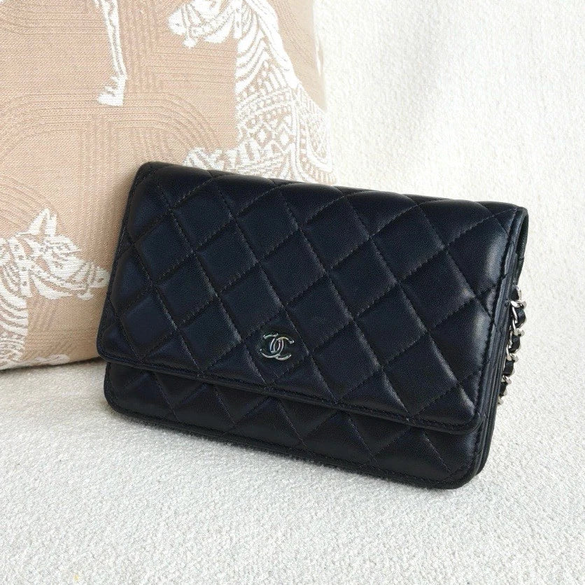 Chanel WOC Lambskin Chain Crossbody Black Silver Diamond Women Classic