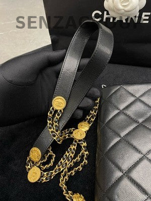 Chanel Coin Chain Crossbody Bag Black Gold Quilted Classic Women's Fashion