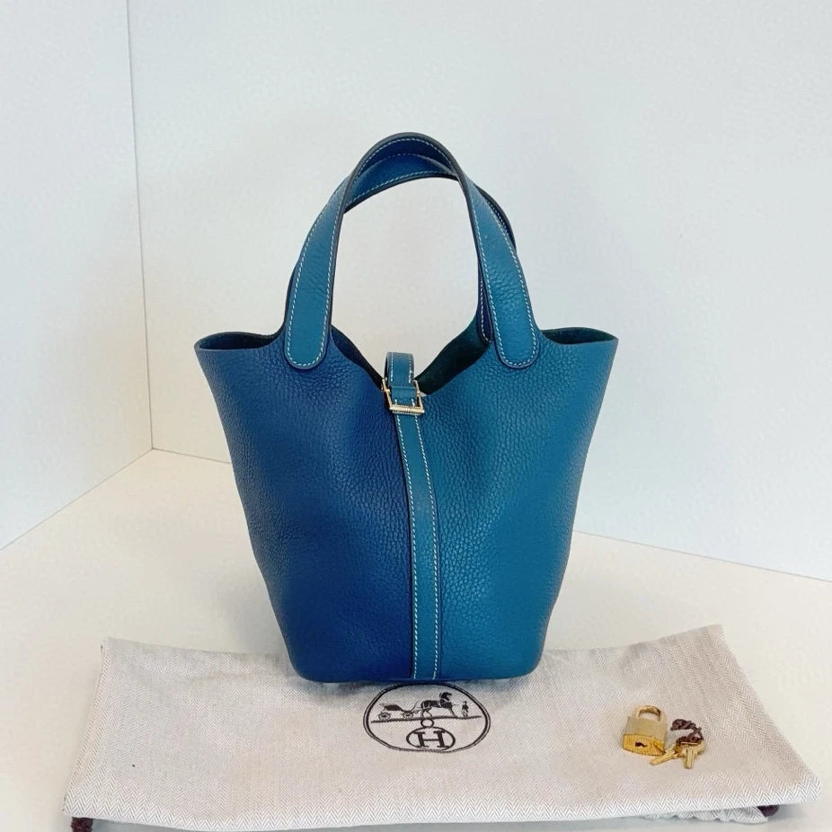 Hermes Picotin18 Top Handle Shoulder Bag Blue Gold Women Fashion