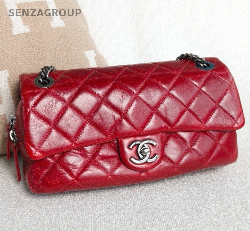 Chanel Classic Flap Chain Shoulder Bag Crossbody Red Silver Used Women Diamond