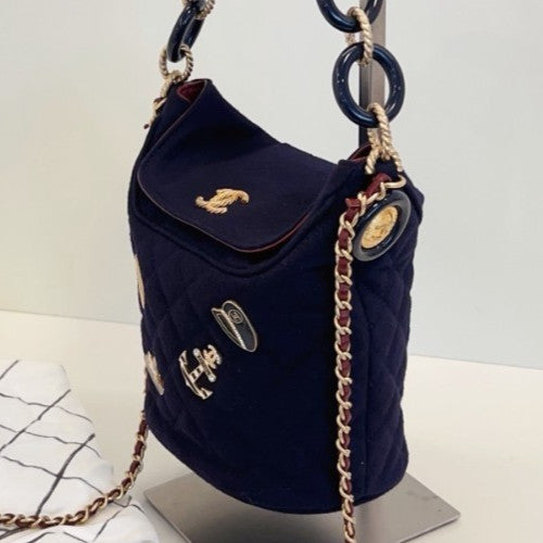 Chanel Bucket Chain Shoulder Bag Crossbody Blue Gold Women Classic Designer