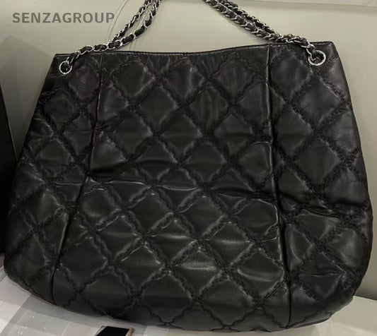 Chanel Vintage Diamond Pattern Tote Bag Chain Shoulder Bag Black Silver Women