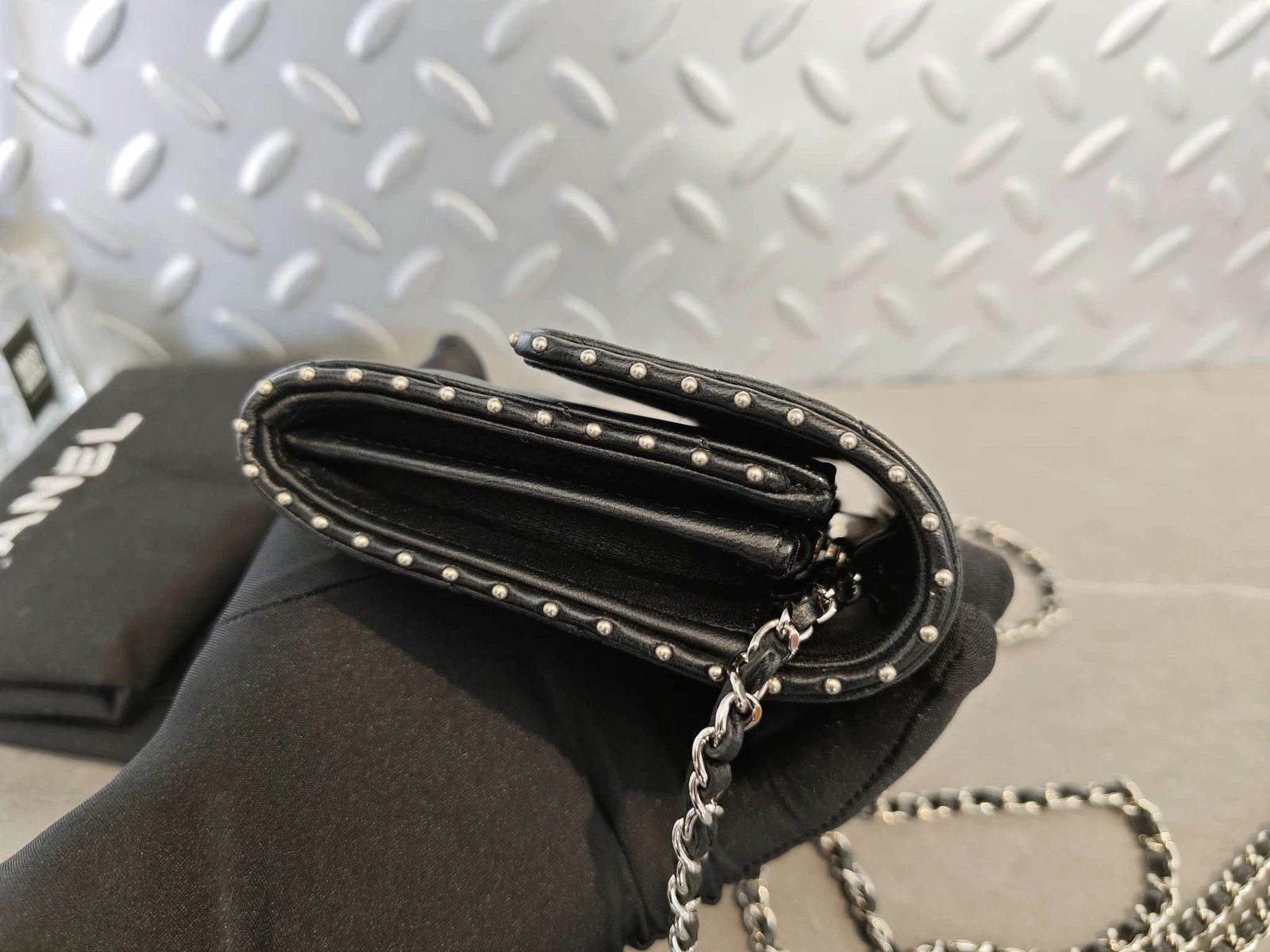 CHANEL Black Silver V Mini WOC Rivet Chain Leather Crossbody Bag Women