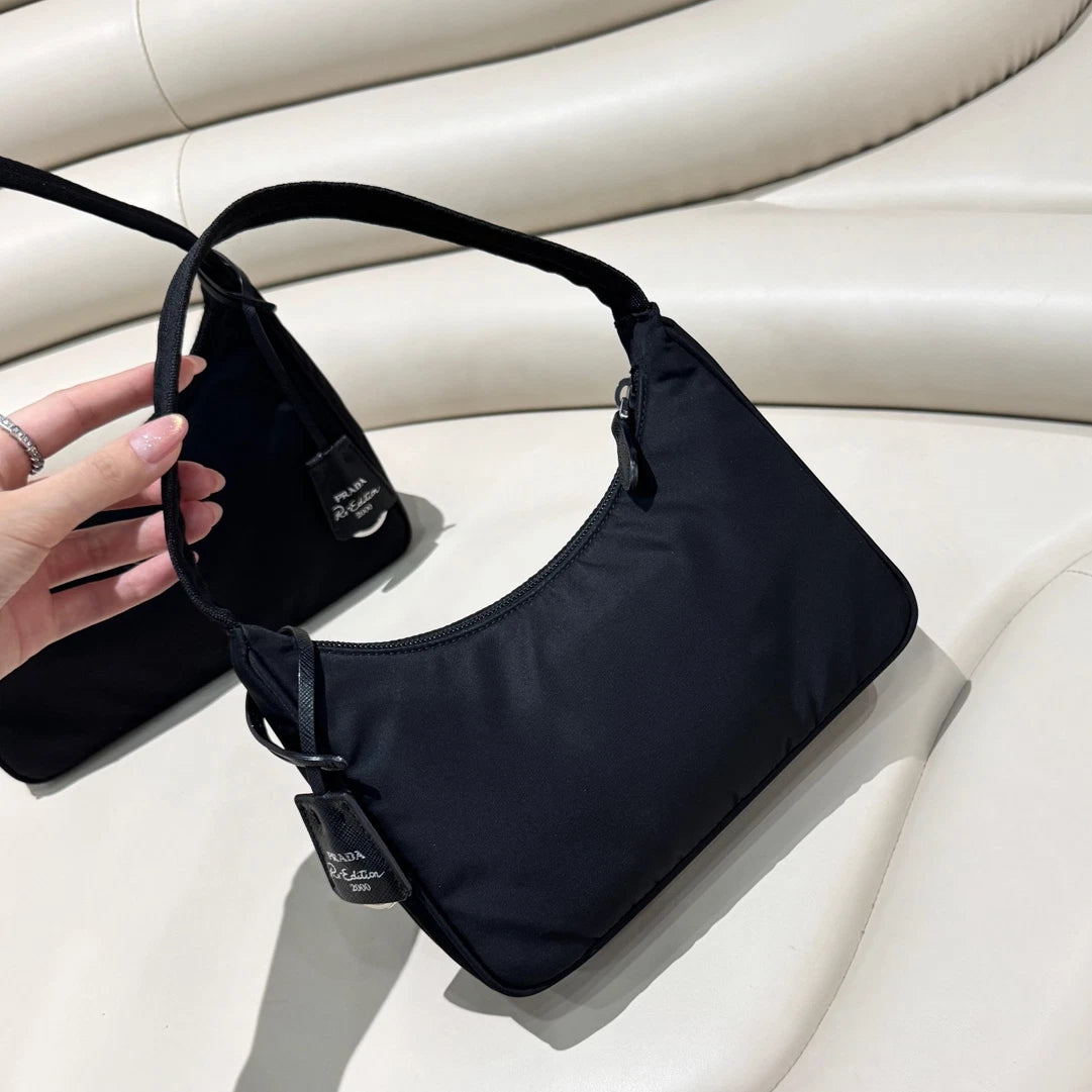 Excellent Condition Prada Hobo Nylon Handbag Shoulder Bag Black Silver Hardware