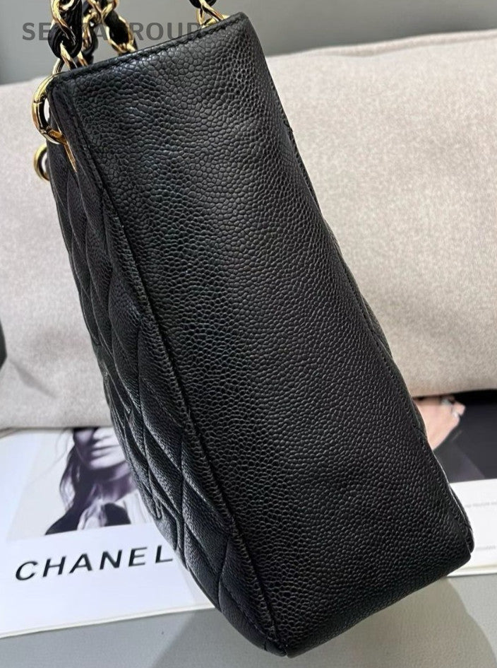 Chanel PST Chain Shoulder Bag Black Gold Used Women Classic Diamond Designer